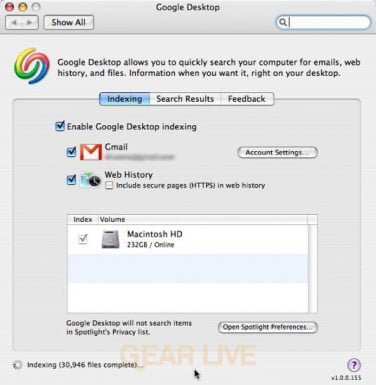 Google Desktop Indexing Preferences